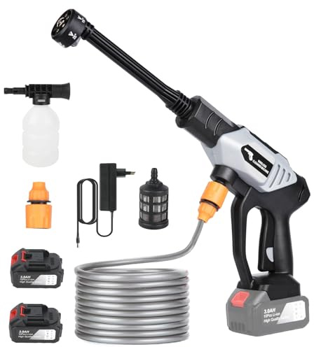 Nettoyeur haute pression sans fil, 21 V maximum, 60 bar, 870 psi, mobile, avec 2 batteries de 6000 mA, buse 6 en 1, tuyau de 5 m, nettoyeur haute pression sans fil pour voiture, terrasse, fenêtre