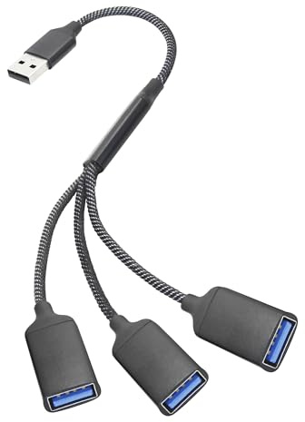 Riertostng Divisor USB 1 en 3 cable de salida 1FT, USB A macho a tres A hembra adaptador 1 en 3 salida, corriente y datos con función OTG chip inteligente, para smartphone, ordenador portátil, coche