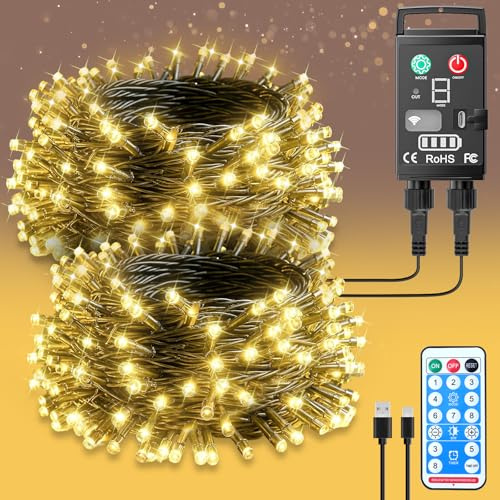 Guijiyi Guirlande Lumineuse à Pile Rechargeables Intérieur Extérieur LED 20M 200 LED avec Télécommande et Minuterie, 8 Modes d'Éclairage Étanche IP44 pour Décoration Maison, Noel, Jardin, Camping