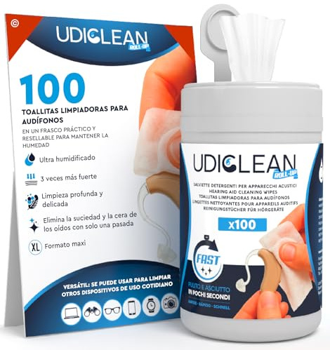 100 Reinigungstücher für Hörgeräte Reinigung und Reinigungsmittel Udiclean - Wiederverschließbares Glas Speichert Feuchtigkeit - Maxi und Widerstandsfähige Tücher auch für Kopfhörer
