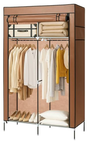 Faltschrank 108x45x170 cm Stoffkleiderschrank mit Reißverschluss und Kleiderstange, Seitentasche & Ablagen, faltbare Garderobe mit Metallrahmen, Textilschrank Aufbewahrung Schrank (Biber Braun)