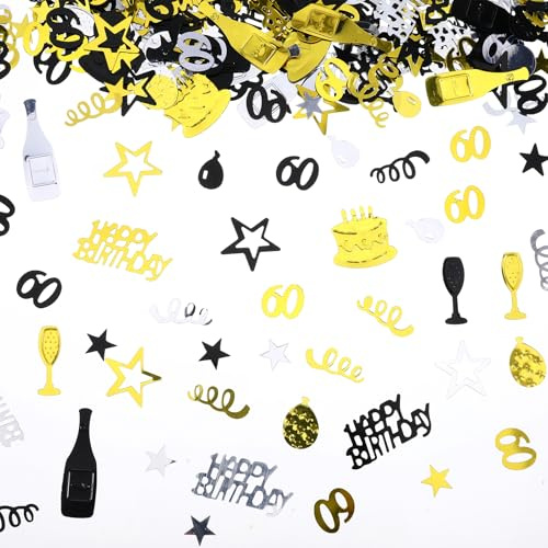 WJIAAA 1600 Stück 60 Geburtstag Deko, 60. Geburtstag Deko Konfetti Gold Schwarz Silber für Frau Mann, Glitzer Streudeko für Geburtstage Tischdeko Jubiläum Partydekoration