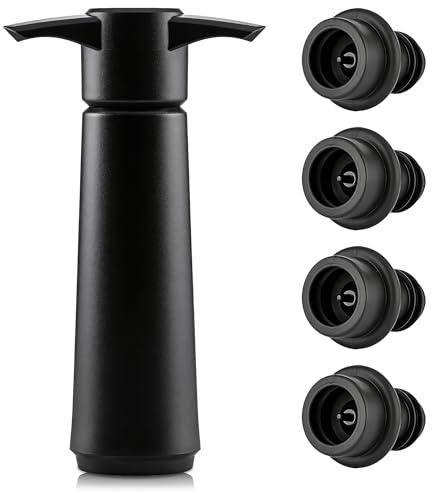 AFIODA Bomba de vacío de vino con 4 tapones, bomba conservadora de vino manual, juego de tapones reutilizables para botellas de vino, sello hermético que mantiene el vino fresco durante más tiempo