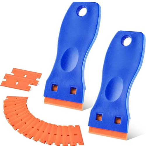 2 Pcs Plastic Razor Scraper with 20 Blades, Non-Scratch Adhesive Remover for Glass, Windows, Cars & Food Surfaces, Safely Removes Stickers, Decals, Glue and Labels Without Damage
