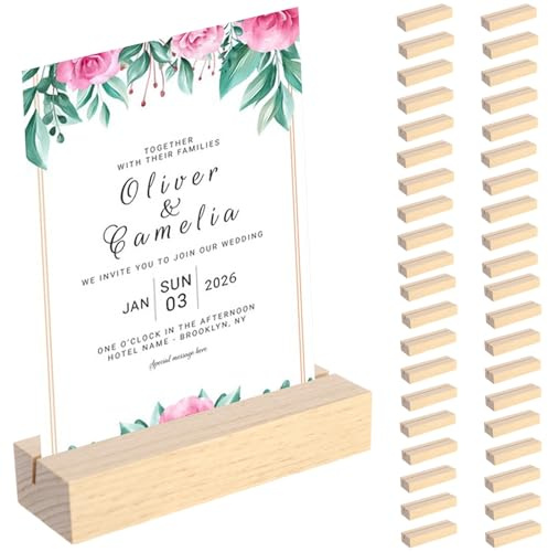40 Stück Kartenhalter Holz, Tischkartenhalter Holz aus Buchenholz, Postkartenhalter und MenüKartenhalter, Wiederverwendbare Dekorative Halter für Hochzeit, Party, Jubiläum und DIY-Tischdekoration