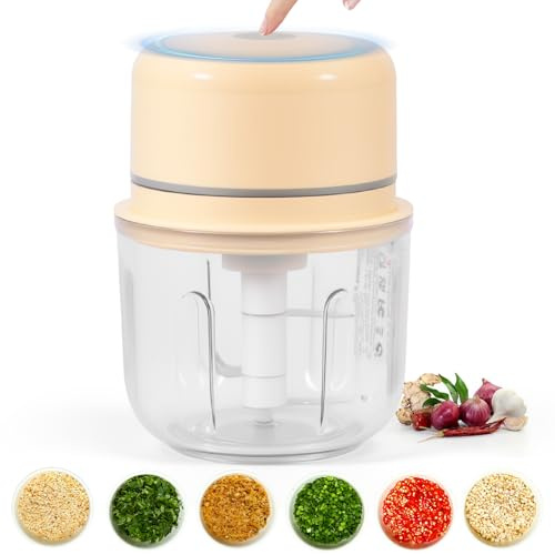 Picadora de ajo eléctrica de 450 ml, mini picador de alimentos con 3 cuchillas de acero inoxidable, picadora de cocina pequeña recargable por USB, accesorio de cocina original 2026 para verduras y
