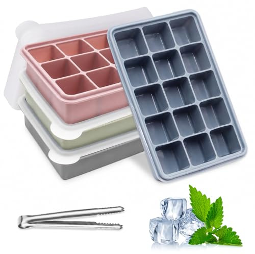 Silicone Ice Cube Tray with Lid & Ice Clip, 4 Packs Ice Cube Tray 60 Cubes, Reusable Ice Cube Trays Silicone Freezer Moulds for Whiskey, Cocktail, Drinks & Freezer, Souper(Pink+Blue+Green+Grey)