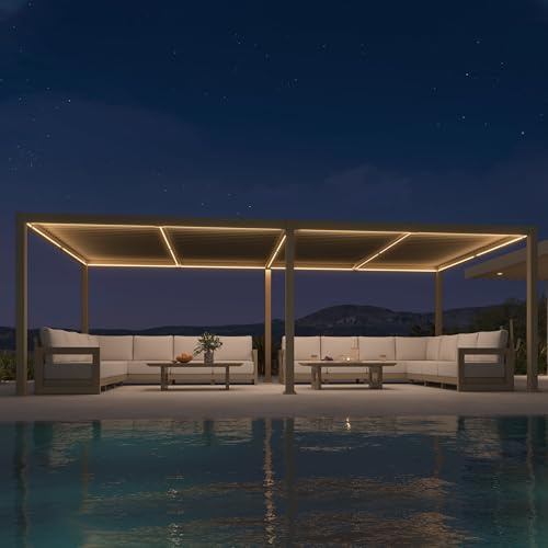 PURPLE LEAF Pergola 3,5 × 7,16 m mit LED Entwässerung Voll-Alu, Champagner | Separat verstellbare Lamellen, Solar- & USB-Betrieb, 3 Lichtfarben, Verstärkte Pfosten Wartungsarm, Klare Montageanleitung