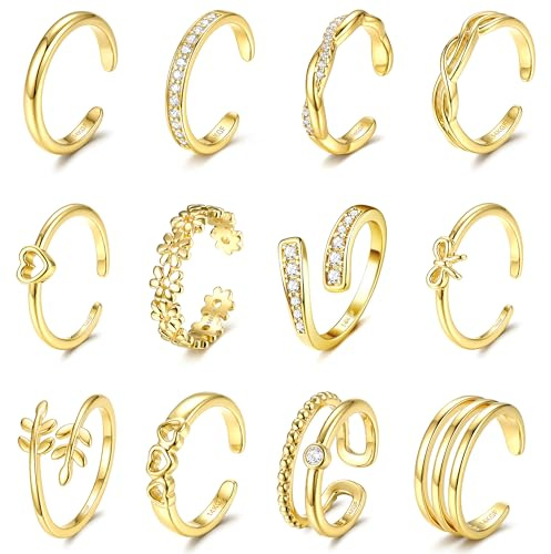 KRFY 12Pcs Bagues d'orteil 14K Plaqué Or pour Femmes, Modèles Ouvertes Réglables Trois Rangs avec Fleur, Cœur, Noeud et Zircone, Imperméables, Bijoux de Pied pour l'Été et la Plage-G