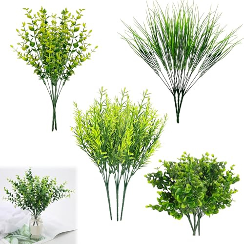 12Pcs Artificial Plants Outdoor, Fake Plants with Rosemary, Eucalyptus | Spray Grass & Heather for Garden, Patio, Balcony & Home Decor (Green)