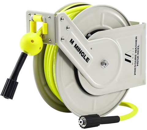 M MINGLE Retractable Pressure Washer Hose Reel, 1/4 × 60ft Power Washer Hose Reel, Auto Rewind Hose Reel, Wall/Floor Mounted, 3600 PSI