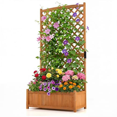 COSTWAY Blumenkasten mit Rankgitter, Pflanzkasten Tannenholz, Pflanzkübel mit Sichtschutz, Hochbeet mit Spalier, Drainagelöchern, Rankhilfe für Kletterpflanzen Garten Terrasse, 90x45x180,5cm (Orange)