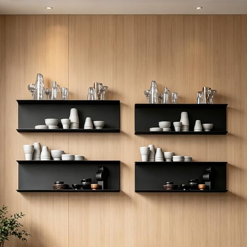 CUXAHO Wandregal Set aus 4 Stück, Schweberegal aus Metall zur Wandmontage, Dekoratives Wandregal for Badezimmer, Küche, Schlafzimmer, Wohnzimmer und Kaffee-Ecke(Nero,100cm)
