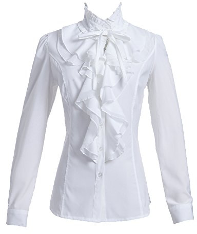 Taiduosheng Women Shirts Lace Ruffle Neck Stand-Up Collar Button down Blouse Long Sleeve OL Shirt Tops, XL(Bust 39.5inch), White