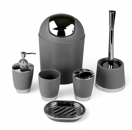 6tlg Badset Badezimmer Zubehör Set Organizer: Seifenspender, Zahnputzbecher, Kosmetikeimer, WC Bürste und Halter, Seifenschale, Mülleimer, Zahnbürstenhalter, Badgarnitur (Grau Dunkel Design 1)