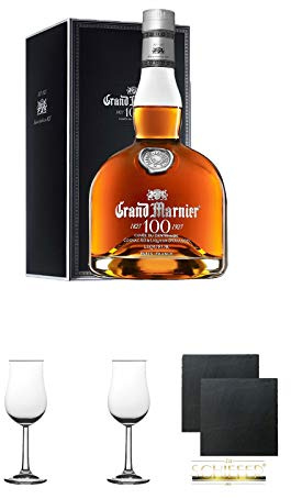 Grand Marnier Cuvée du Centenaire Liqueur 0,7 Liter + 2 Bugatti Nosing Gläser mit Eichstrich 2cl und 4cl + 2 Schiefer Glasuntersetzer eckig ca. 9,5 cm Ø