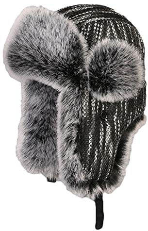 Insun Unisex Fliegermütze mit Kunstfell Warme Trappermütze Gestrickt Wintermütze Erwachsenen Winter Mütze für Herren Schwarz XXL Hut Umfang 62cm