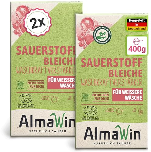 AlmaWin® Sauerstoffbleiche Pulver [2x 400g] für strahlend weiße Wäsche ab 30°C, gegen Gerüche & Verfärbungen - Aktivsauerstoff Bleichmittel für Abfluss, Spül- & Waschmaschine