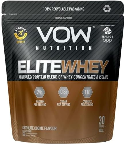 New VOW Nutrition EliteWhey Protein 900g, 30 Servings, Quality Protein with Naturally Occurring BCAAs, Informed Sports Approved (Chocolate Cookie)