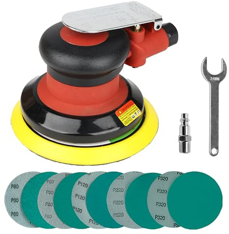 UPWOOD 5 Zoll Air Exzenterschleifer, Schleifteller 125mm mit 10 Schleifpapieren, Gut für Autokörperarbeit, Holzbearbeitung, Verbundwerkstoffe, Metall