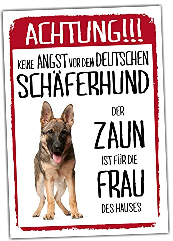 Deutscher Schäferhund Dog Schild Achtung Zaun Frau Spruch Türschild Hundeschild Warnschild Geschenkidee lustiger Spruch Hundemotiv Aluminium Wetterfestes Hundeschild