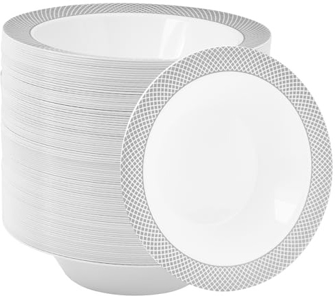 JOLLY CHEF 100 Pack Plastic Bowls with Silver Rim, 12 oz Disposable Soup Bowls, Heavy Duty Dessert Bowls for Weddings, Party, Dinners, Catering, Christmas and Everyday Use
