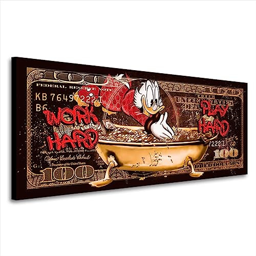 Kunstgestalten24 Dagobert Dollar Leinwandbild Work Hard Style – Lustiges Wandbild auf Leinwand mit Echtholz-Keilrahmen – Comic Pop Art für moderne Räume | 50x20x2cm
