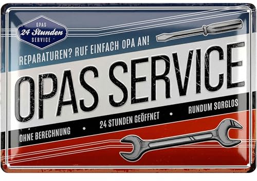 LANOLU Retro Blechschild OPAS SERVICE - Schild Werkstatt OPA - Geburtstagsgeschenk oder Vatertagsgeschenk Schild für Opas - lustige retro Deko mit Spruch - vintage Metallschild, 20x30 cm