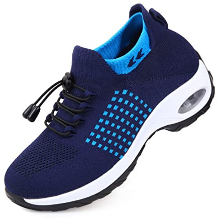 STUNAHOME Dra-på-sneakers för kvinnor, tjock botten, luftkudde, promenadskor, ventilerande nät, sneakers, ortopediska skor för kvinnor, BLÅ, 39 EU