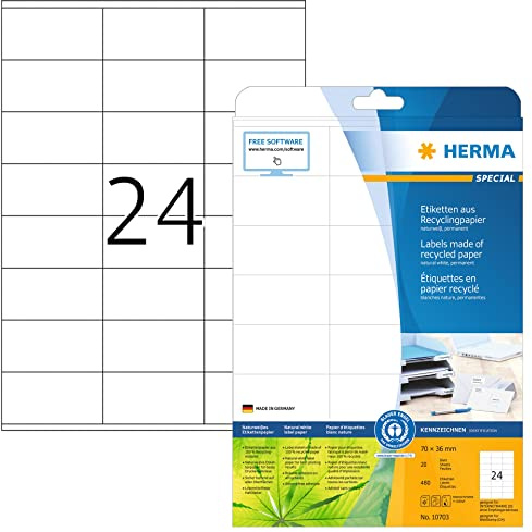 HERMA 10703 Recycling Etiketten, 20 Blatt, 70 x 36 mm, 24 pro A4 Bogen, 480 Stück, selbstklebend, bedruckbar, matt, blanko Recycling-Papier Klebeetiketten Aufkleber, natur-weiß