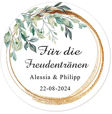 50 Für die Freudentränen Sticker PERSONALISIERT Gastgeschenke Aufkleber 40mm zur Hochzeit Taufe Geburtstag Taschentücher/Gewebe Etiketten - Eukalyptus und Goldrand - Rd 095 (001)