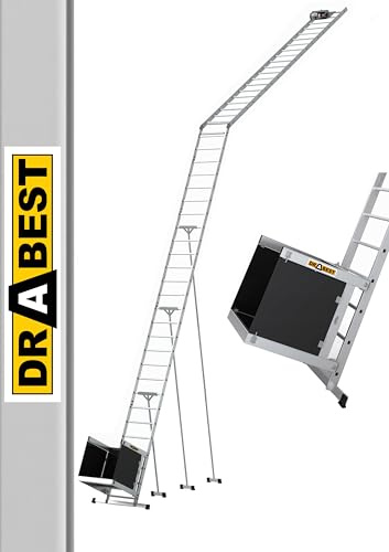 DRABEST Escalera para tejados - Cabrestante de Escalera telescópico Ligero de Aluminio - Cabrestante Estable para Trabajos en Altura - Escalera Extensible - Carro de Transporte - Capacidad de 125 kg