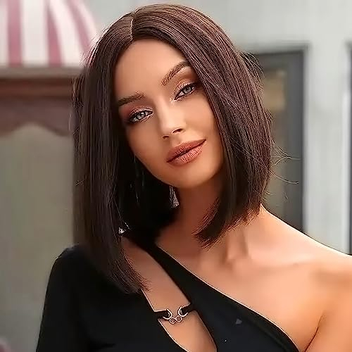 PORSMEER Perruques Lisse Courte de Femme Brun foncé Naturelle Lace Hairline Bob Straight Hair Wig pour Femmes 12 Pouces