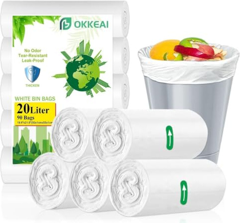 OKKEAI Bolsas de basura de 20 l, bolsas de basura blancas con pedales, bolsas de basura de plástico fuerte, 90 unidades, bolsas de basura pequeñas para cocina, oficina, cubo de basura de 15 L a 25