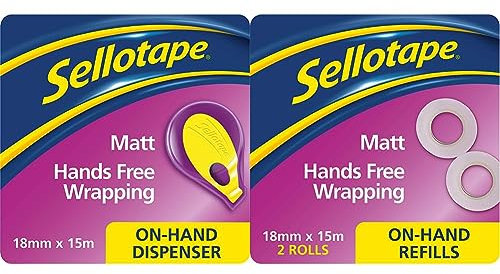 Sellotape On-Hand Dispenser - Both Hands Free for Crafting & Wrapping / 1 x Dispenser & 1 x (18mm x 15m) Invisible Matt Tape Roll