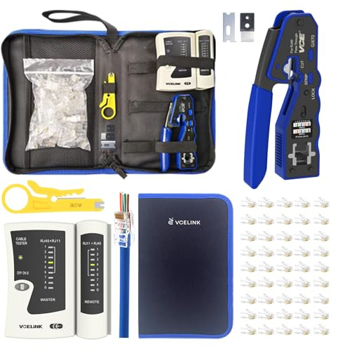 VCELINK RJ45 Crimp Tool Kit, Ethernet Crimping Tool Set with 50PCS Cat6 RJ45 Pass Through Connectors, Network Cable Tester and Wire Stripper in a Cloth Bag