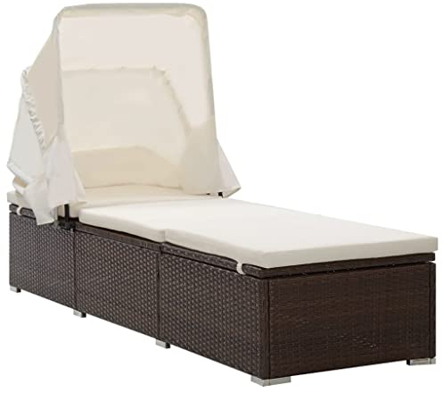 ULUYYUC Rattan-Liegebett Sonnenbank Tagesbett-Überdachung Liege GartenSonnenliege mit Sonnenschutz und Auflagen Poly Rattan Braungeeignet für Pools, Strände, Decks