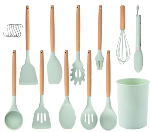 Küchenhelfer-Set 12-teilig Silikon-Kochutensilien-Set mit Holzgriff, hitzebeständig antihaftbeschichtet Kochgeschirr Zange Spatel Löffel-Set beste Küchenutensilien mit (Grün)