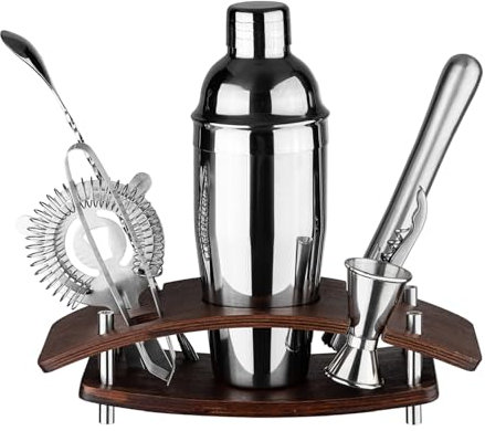 Mixology Bartender Kit Cocktail Shaker Set: 9 pezzi, strumenti da bar con supporto girevole, set da bar con tutti gli accessori essenziali: Martini Shaker, Jigger, colino, cucchiaio miscelatore,