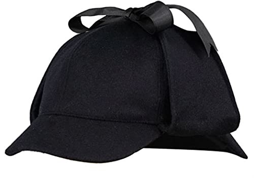 Heavyoff Herren Deerstalker Mütze Detektive Hut Wollmischung Tweedkappe Zwei Brims Beret Schwarz Groß