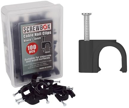 SCREWBOX® Cable Nail Clips, 4 mm 100 Pcs Nail-In Clips, Strong Durable Black Round Cable Tacks, Wall Wire Tidy Holder Pins, for wood | concrete | plasterboard