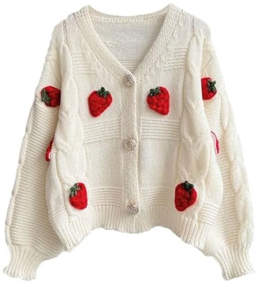 WWricotta Women's Knit Strawberry Cardigan Cozy Short Chunky Sweater Long Sleeve For Students And Teens Duster Cardigan Sweaters for Women