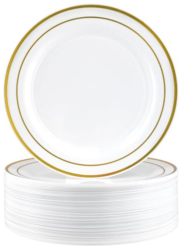 MUKSUET 50 delar plastplattor, 26 cm/10 tum återanvändbara vita och guldfärgade fälgplattor, plastfesttallrik med guldkant, middag desserttallrik för fester, bröllop, födelsedagar, picknick, grill