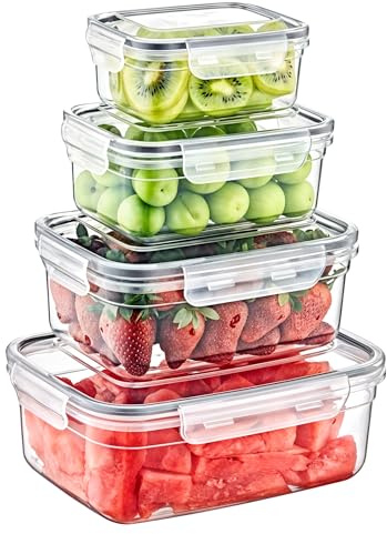 My Happy Home 4 Piece Set Rectangular Plastic Food Storage Containers with Locking Lids, Airtight, BPA Free, Leakproof Dish-Washer Safe, Food Grade Material - Stackable Space Saving Design