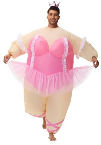 Inflatable Ballerina Costume for Adult Funny Ballet Blow up Fat Costume with Crown Headband Halloween Party Role Play (Adult pink)