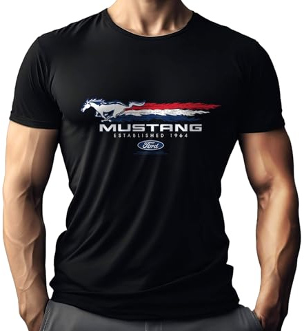 T-Shirt Homme Ford Mustang, Licence Officielle Ford, T-Shirt Fan de US-Car, Sérigraphie Haute Qualité, Coupe Sportive, Idée Cadeau pour Pilotes & Fans Mustang, ÖKO-TEX100, Ford-03, 4XL