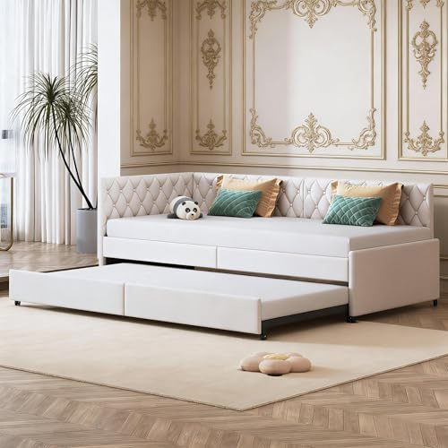 PerGar Tagesbett 90/180x200 cm, Sofabett Ausziehbar, Gästesofa mit Schlaffunktion, Multifunktionsbett aus hautfreundlichem Samtstoff, Sofabett Jugendbett für Wohnzimmer/Schlafzimmer, Beige