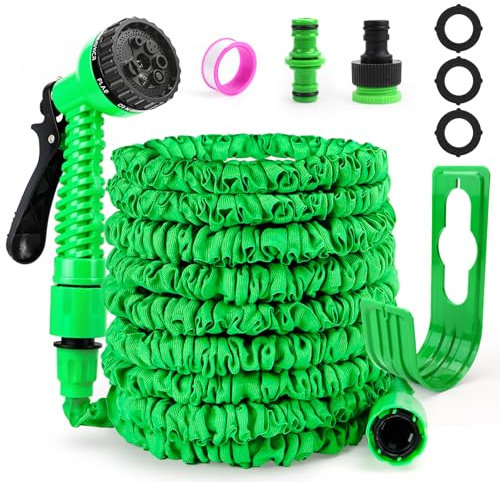 Flexibler Gartenschlauch 15 M Teleskop-Wasserschlauch mit 7-Funktions-Sprühkopf, Leichter und Knickfreier Gartenschlauch Flexibel mit 1/2 3/4-Anschlüssen und Wandhalterung, Bewässerung und Reinigung