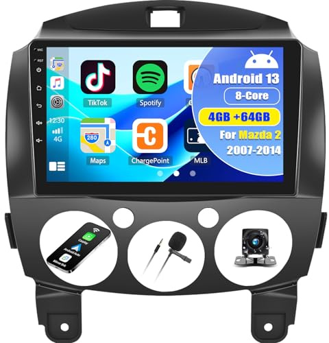 8 cœurs 4+64G Android 13 Autoradio pour Mazda 2 2007-2014 avec Carplay Android Auto, Radio à écran Tactile 9 Pouces avec Bluetooth WLAN GPS FM/RDS 32EQ SWC Caméra de Recul