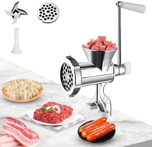 Hachoir Manuel, Hachoir à Viande Manuel en Acier Inoxydable et Machine à Saucisses avec 1 Tête de Couteau, Assiette à Viande et Tube à Lavement, Hachoir à Viande pour la Viande et les Légumes (Grand)